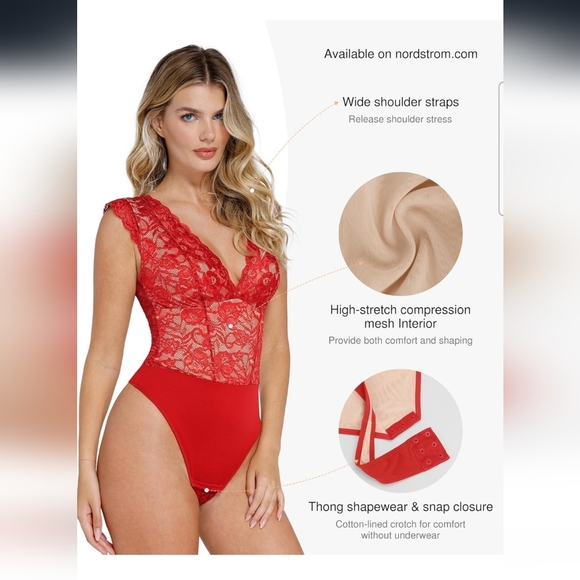 Popilush Red Lace Cap Sleeve Shapewear Tummy Control Going Out Top Bodysuit XXL - Picture 3 of 11